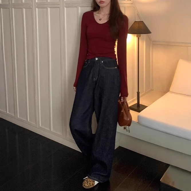 pusumede Vintage Wide-leg Jeans Women's Spring and Autumn Loose Slimming Straight Pants Mop Pants Long Pants