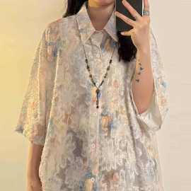 2025夏季新款美式复古薄款流苏花卉印花满印短袖宽松显瘦衬衫上衣