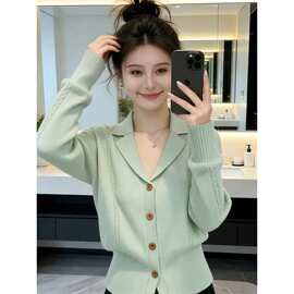 甜美风绿色翻领麻花修身收腰针织开衫外搭女新款早春气质上衣