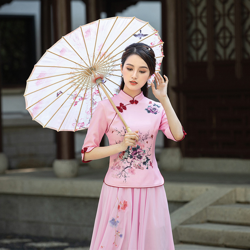 Floral chinese qipao dress for women girls Daily Improved Print Tang suit Fitted Cheongsam Fashion Top Short Women's Two-piece Set Floral chinese qipao dress for women girls Daily Improved Print Tang suit Fitted Cheongsam Fashion Top Short Women's Two-piece Set
