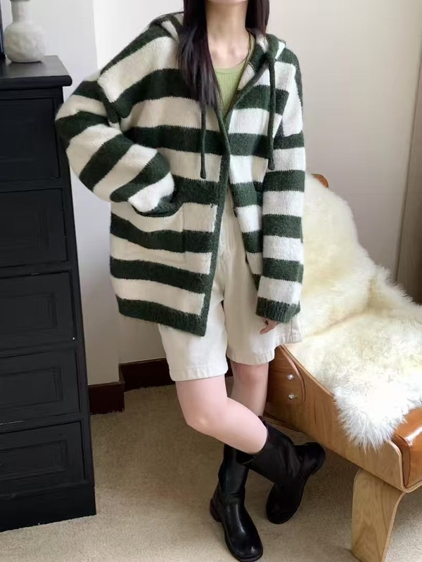 韩系复古慵懒风宽松连帽条纹毛衣外套女宽松设计感软糯针织衫上衣|undefined