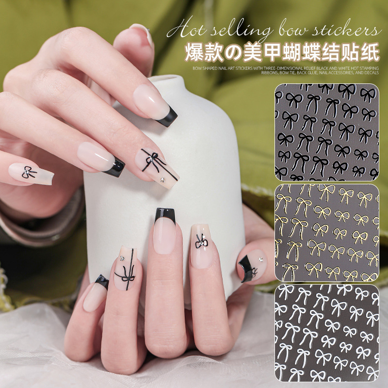 Pegatinas de Uñas con Diseño de Lazo, Estilo Nuevo, Transfronterizo, Calcomanías en Blanco y Negro con Lámina Dorada, Finas y Flexibles, Decoración de Uñas Sencilla