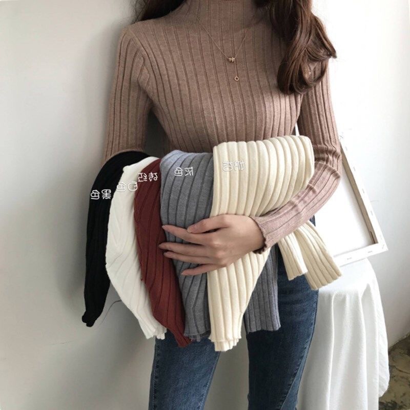 2024 Autumn and Winter New Slim-fit Korean Pullover Mock Turtleneck Knitted Sweater Outer Wear Short Top Women's Base Sweater
