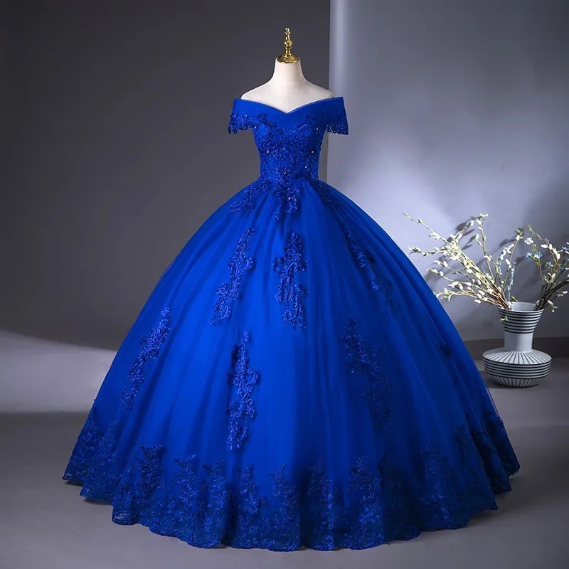 One-Shoulder New Blue Coming-Of-Age Evening Dress Lace Ball Tutu Skirt Catwalk Art Exam Host Colorful Gauze Suit