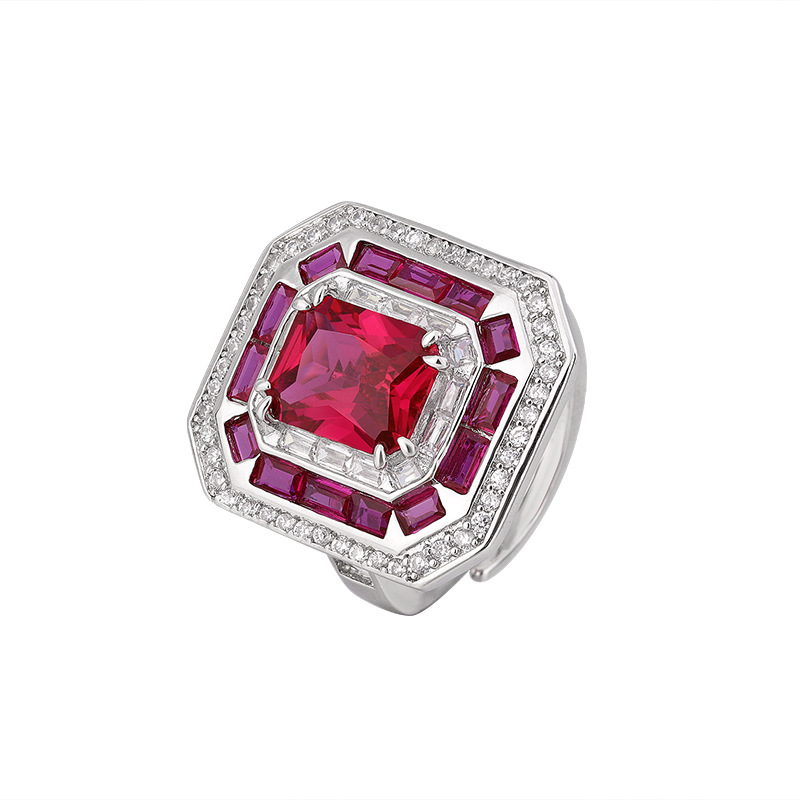 Otoño e Invierno nuevo estilo Zhuang Sheng joyería cobre inferior chapado en oro simulación rojo corindón azul señaló cristal moda anillo cuadrado femenino 8*10