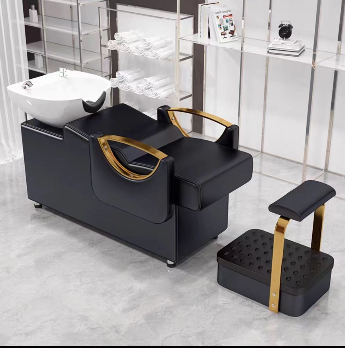 Cama de lavado de cabello para peluquería con reposapiés, lavabo de cerámica, cama de lavado de cabello semireclinable para peluquerías, cama de masaje y peluquería.