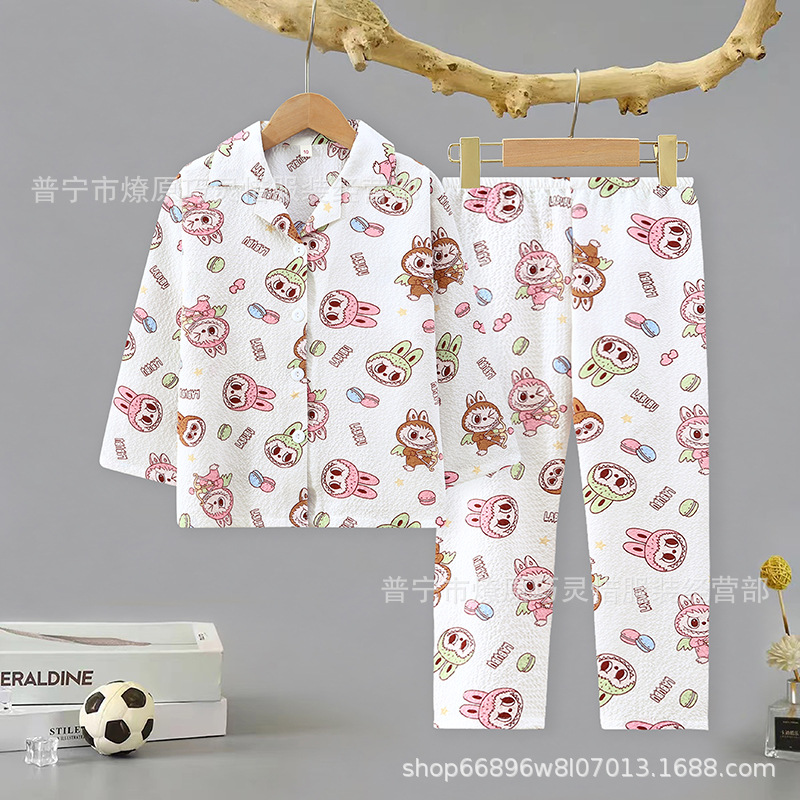Pijama de niñas primavera y otoño dibujos animados tela espuma de tela delgada manga larga lindo ropa para niños de tamaño medio y grande ropa para el hogar