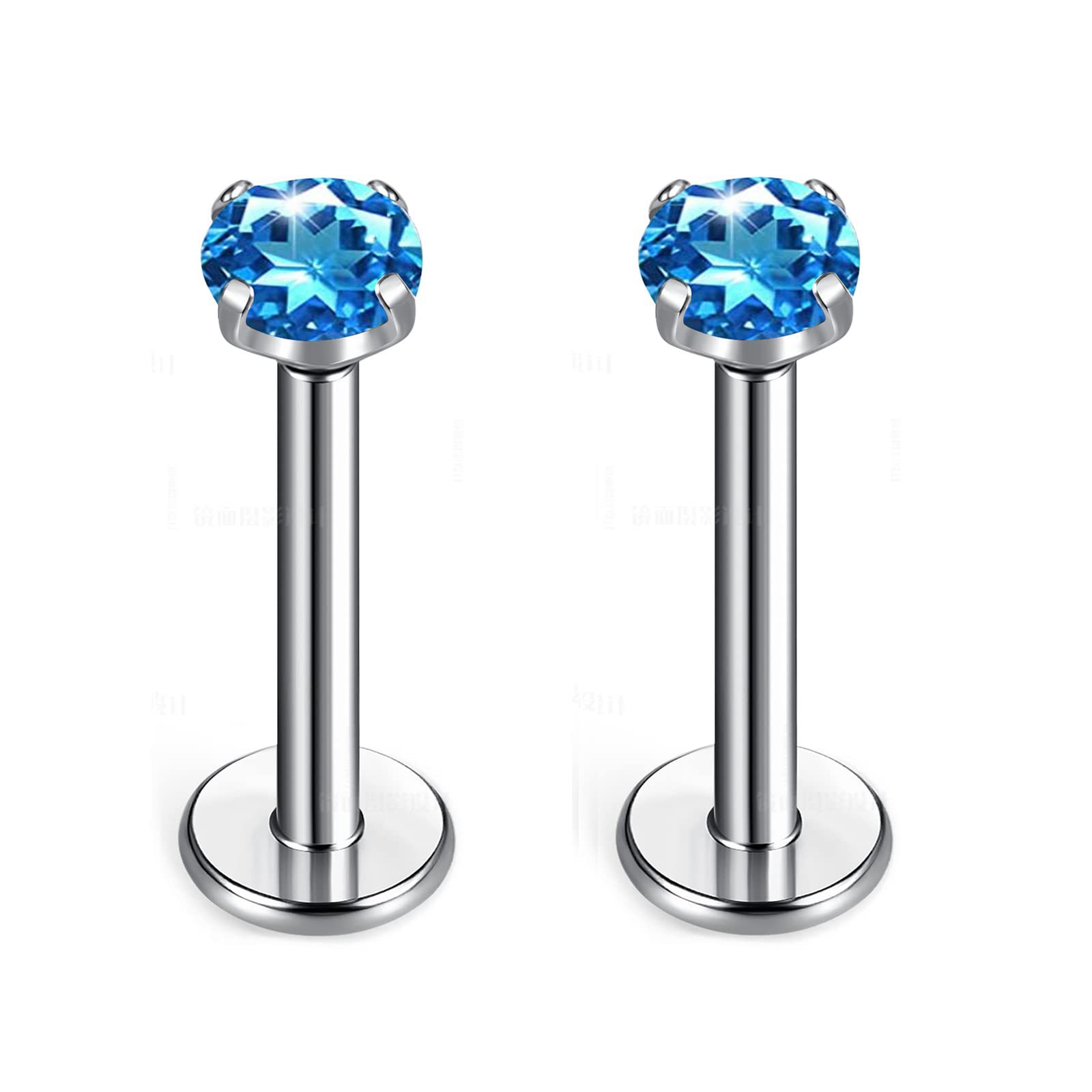 G23 Titanium Four-Prong Set Colorful 5A Round Zircon Internal Thread Earrings Flat Back Labret Stud Ear Bone Nail F136 Titanium Alloy Lip Nail Jewelry detail image 12