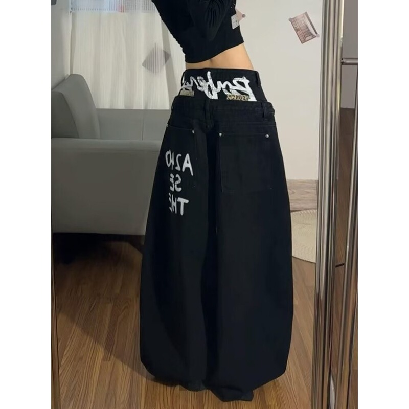 American Retro Style Double-Waistband Washed Scimitar Jeans for Women, Spring Season Loose Wide-Leg Drapey Silhouette Straight Pants