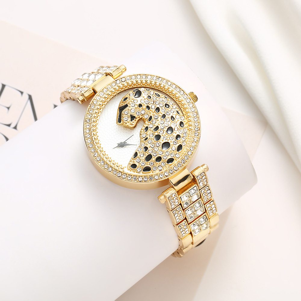 女士新款石英手表时尚商务风休闲手表水晶钻石豹纹女士手腕时钟