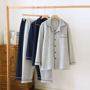 plus size Men's Pajamas Air Layer Long Sleeve Trousers Quilted Simple Spring and Autumn Medium Thick Cotton Home Clothes Autumn and Winter New