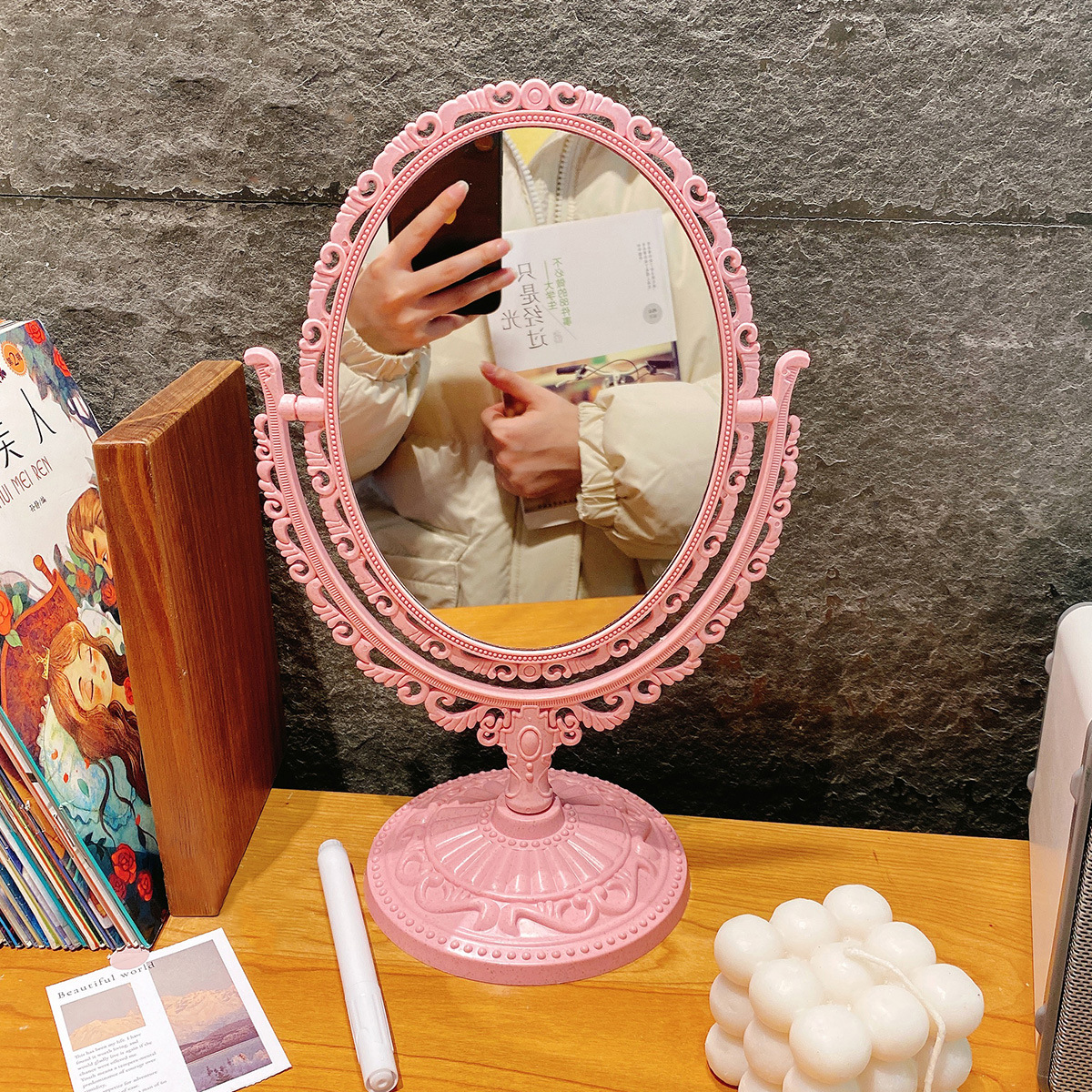 デスクトップ両面化粧鏡ヨーロッパ式レトロ大サイズ化粧鏡デスクトップシンプル回転プリンセスミラー寮化粧鏡