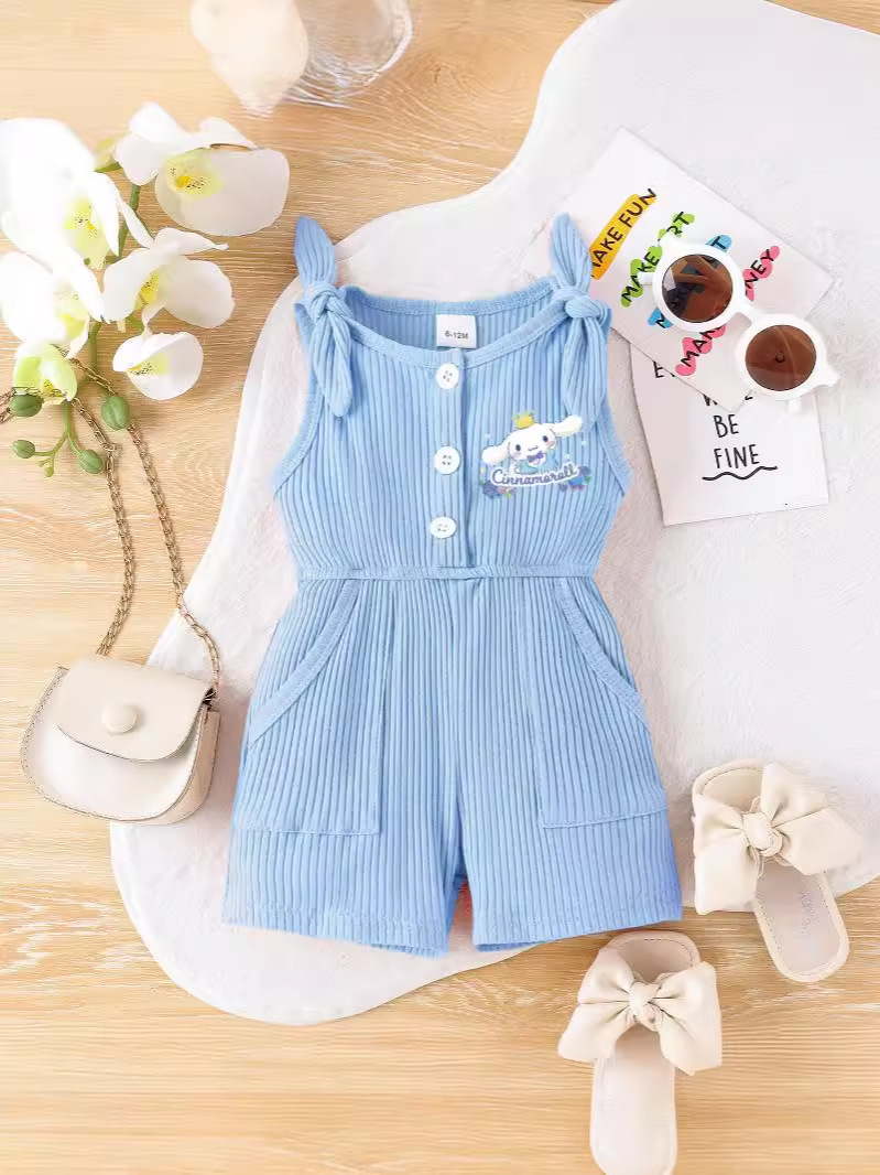Fabricante de Ropa Infantil para Comercio Exterior 2025, Mono de Tirantes con Lazo para Niñas, Color Sólido, Informal