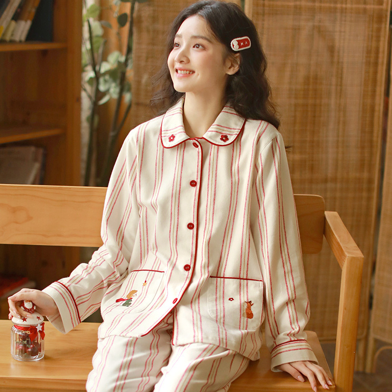 Autumn New High-Quality Embroidered Pure Cotton Brushed Pajamas for Women Autumn and Winter Cartoon Embroidered Home Clothes Long-Sleeved Suit