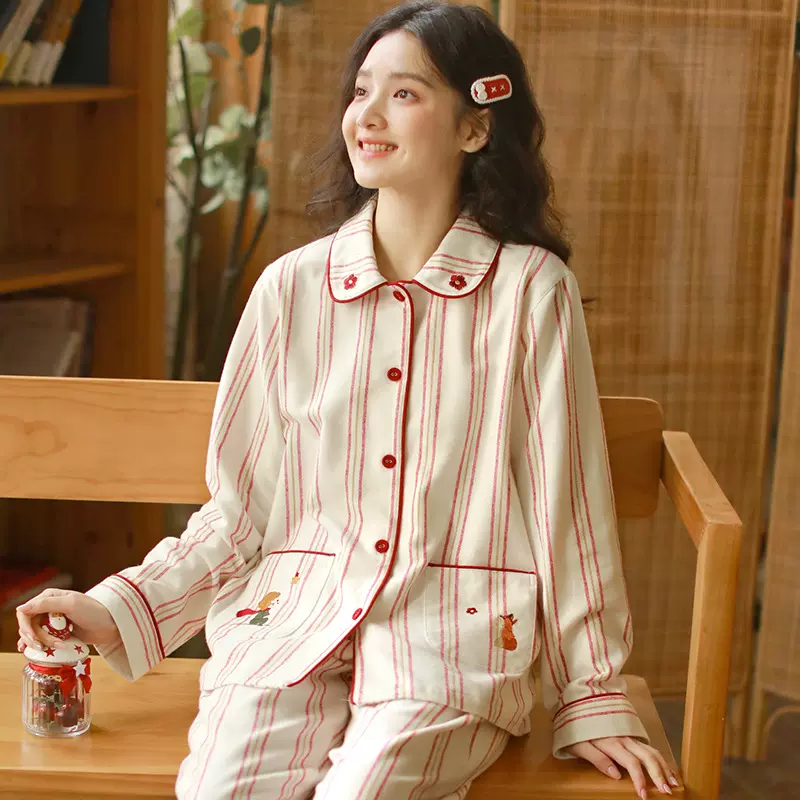 秋季新品高工刺绣纯棉磨毛睡衣女秋冬季卡通刺绣家居服长袖套装