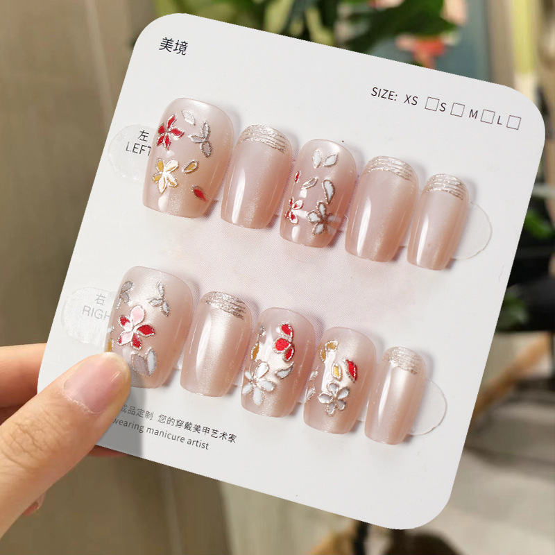 D489腊梅冰花猫眼法式腊梅秋冬鎏金立体猫眼裸色手工封层短款可拆|undefined