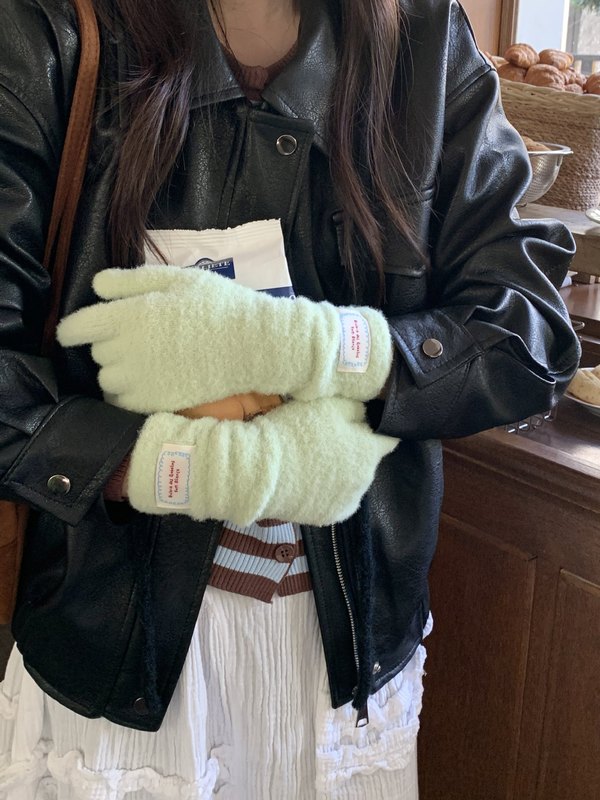 简约糖果色软糯绒毛手套女秋冬新款保暖露指可触屏骑行防寒针织潮|undefined