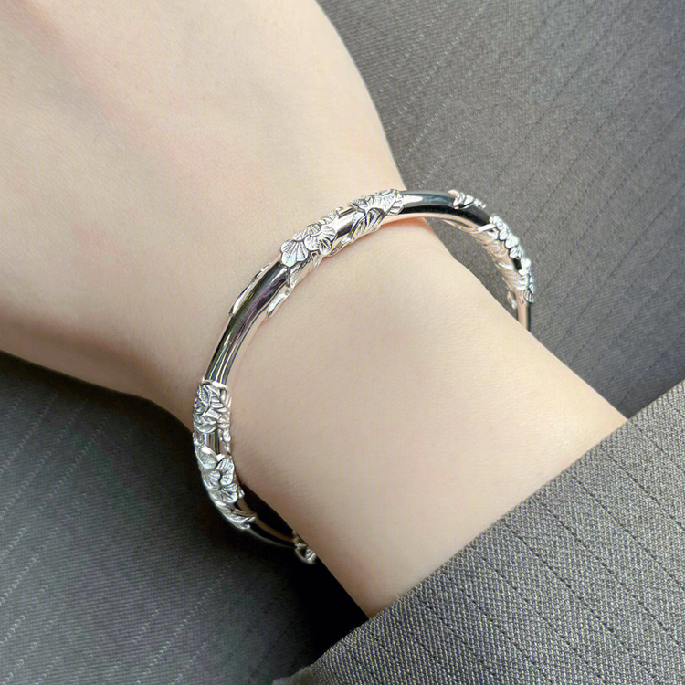 Floral Pattern Sterling Silver Bracelet Solid S999 Pure Silver Bracelet High-Quality Imitation Silver Jewelry Gift for Girlfriend or Mom Gift Delivery Service