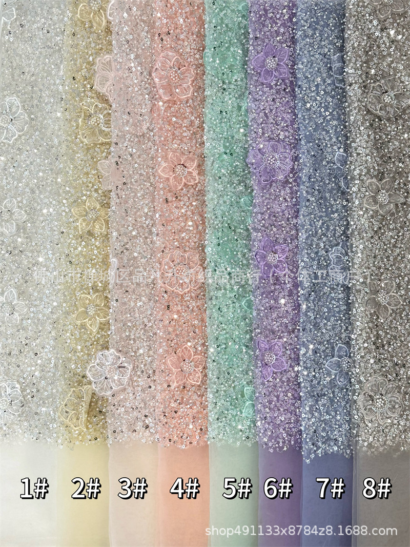 Moda full sequinilla tubo de perlas bordado tela de encaje estereoscópico mano calcomanías tela de vestido de boda alta fijación