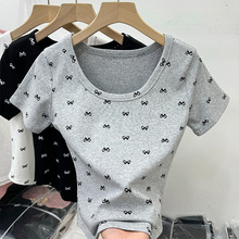 2025蝴蝶结印花罗纹T恤女设计感小众夏季高级感短款短袖上衣