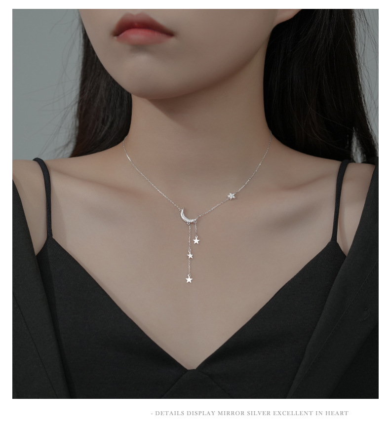 3g Weight 925 Sterling Silver Pendant Material Zircon Inlay Material 925 Sterling Silver Zircon Cable Chain Plating Star Moon Pendant Necklace