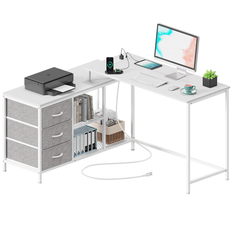 L-Shaped Desk with Power Outlet Computer Desk with Drawers and Shelves Study Corner Table Customizable Kd
