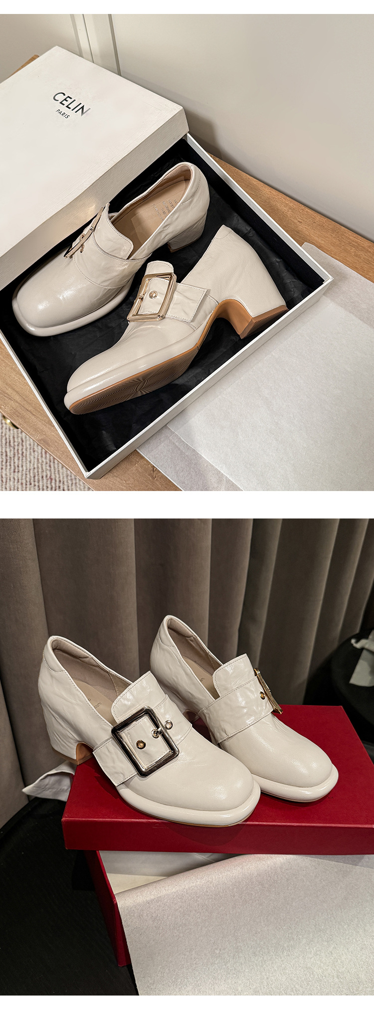 Giày cao gót nữ loafer da cừu gót vuông 7 cm — màu nâu chi tiết 20