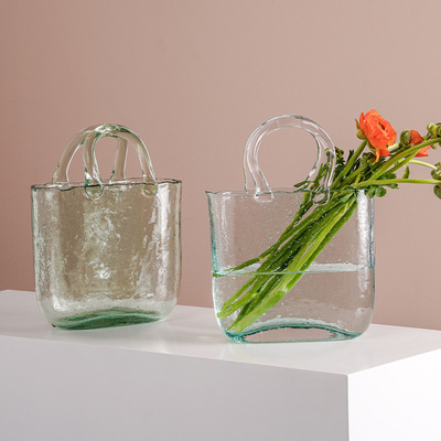 北欧包包花瓶摆件创意客厅鱼缸玻璃花瓶透明插花网红花瓶简约轻奢