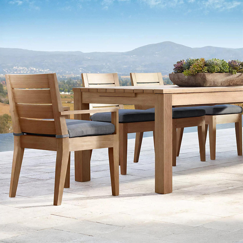 Mesa y sillas de patio al aire libre de alta gama terraza de jardín al aire libre impermeable a prueba de agua y protección solar de madera maciza mesa larga de hotel villa de madera