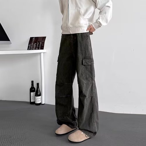 Men's Cargo Pants 2025 Spring/Summer Loose Wide-Leg Casual Trousers, American-Style Streetwear with Multiple Pockets