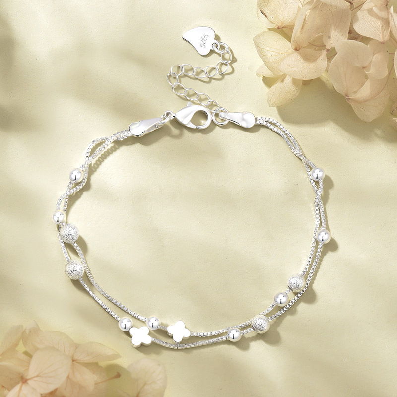 Factory wholesale double-layer round beads Clover bracelet female Japanese and Korean personality student ins plated 925 silver foreign trade jewelry