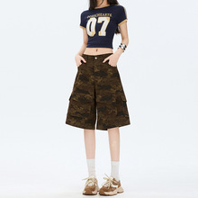 8598美式复古迷彩宽松阔腿裤五分裤百搭小众口袋工装裤牛仔裤女