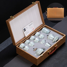商务礼品套装汝瓷功夫茶具三才盖碗茶叶办公会客茶壶开片茶杯
