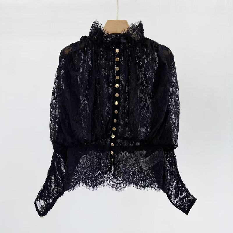 Classic black design, featuring a cut-out stand-up collar, a sexy sheer cape silhouette, long sleeves, and a short lace top Classic black design, featuring a cut-out stand-up collar, a sexy sheer cape silhouette, long sleeves, and a short lace top