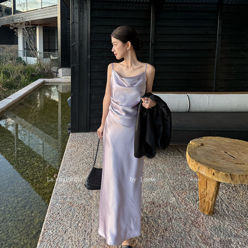 Ls French-Style Muse-Like High-End Satin Dress for Women, Guangzhou Shisanxing 2026 Spring Collection Long Dress 61231 Ls French-Style Muse-Like High-End Satin Dress for Women, Guangzhou Shisanxing 2026 Spring Collection Long Dress 61231