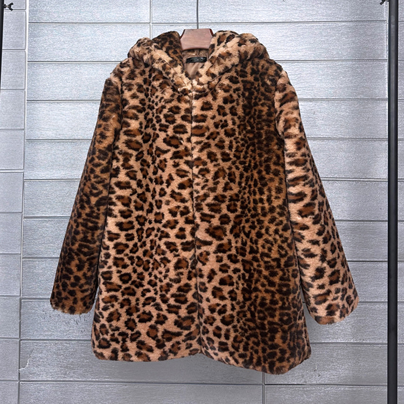 Women's Clothing Leopard print rabbit fur mid length hooded loose fur coat_voghion.com