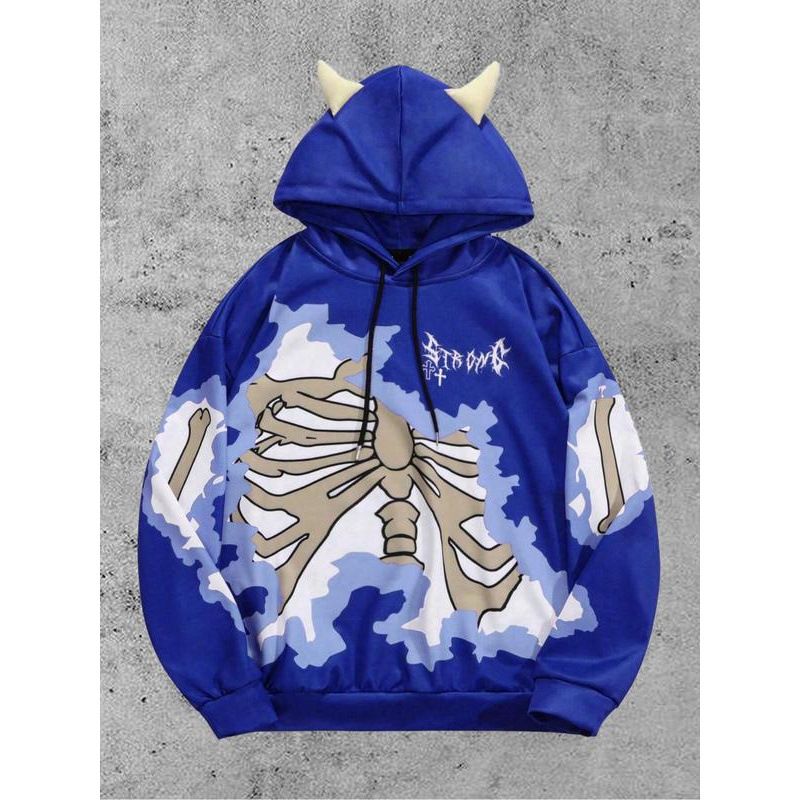 跨境Men's Skeleton & Cross Drop Shoulder Demon Design Hoodie|undefined