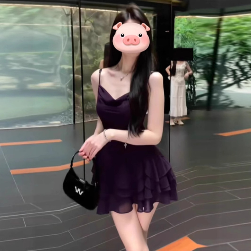Purple Chiffon Strap Dress for Women, Summer Socialite Bodycon Dress, High-Cold Elegant Style, Off-Shoulder Tube Top Dress