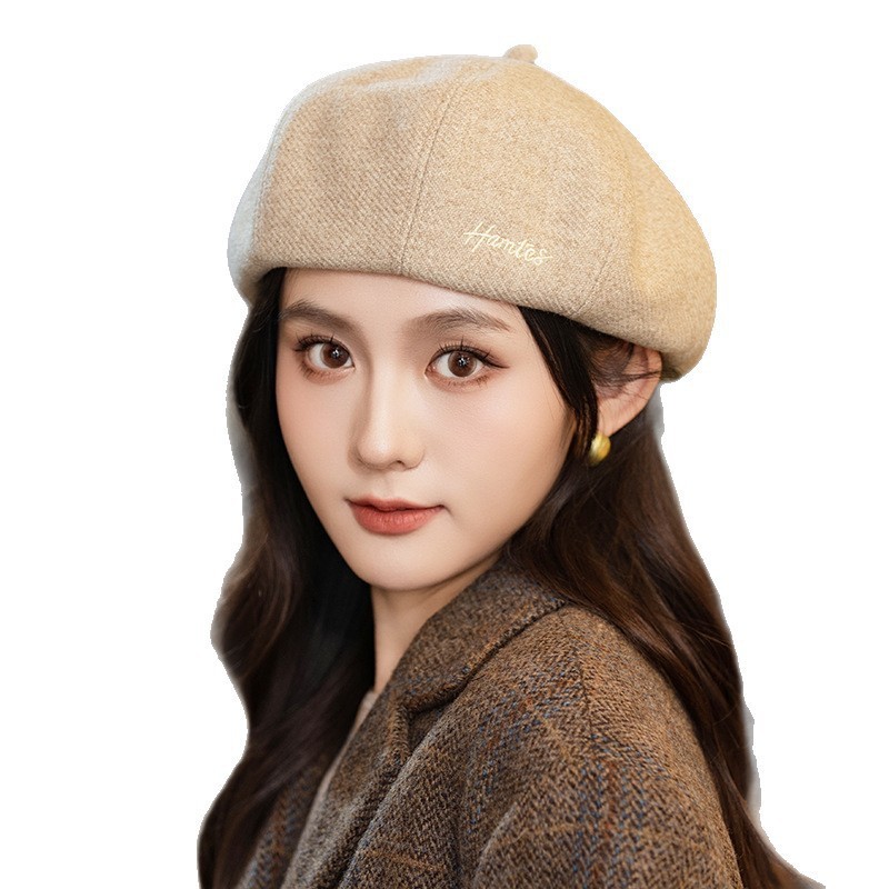 字母刺绣毛呢复古洋气南瓜帽女冬季斜纹保暖贝雷帽气质潮搭画家帽|undefined