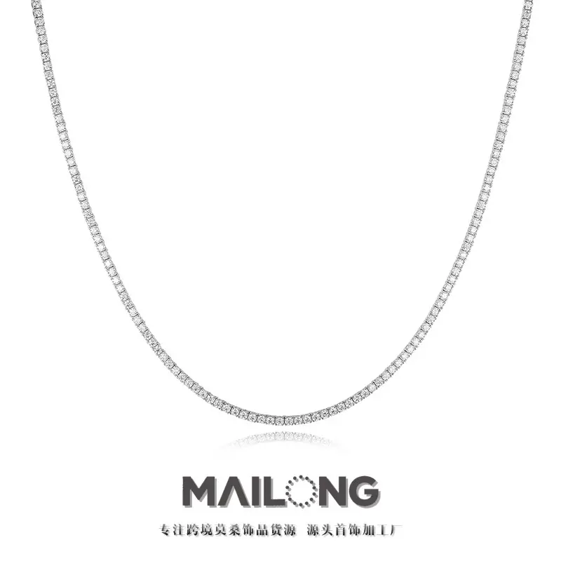 跨境热卖莫桑石项链s925纯银欧美嘻哈简约时尚网球链百搭外贸批发