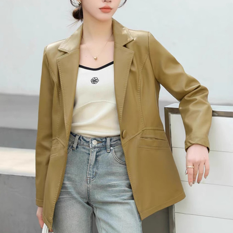 All-Net Low Price Spring and Autumn Small Suit Leather Jacket Women's Thin Suit Mid-Long Jacket Suit Collar Casual