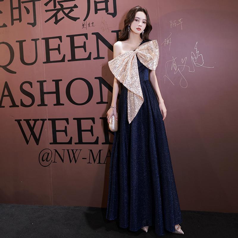 Vestido de noche azul marino para mujer 2025, nuevo, sexy, con lazo, para banquete, elegante, para anfitriona, reunión anual