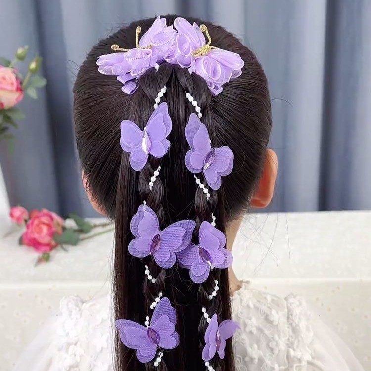 小さな女の子の新しいレトロな子供用バタフライクリップパールチェーン編み込みヘアピンプリンセス妖精ヘッドフラワーヘアバンドヘッドドレス|undefined