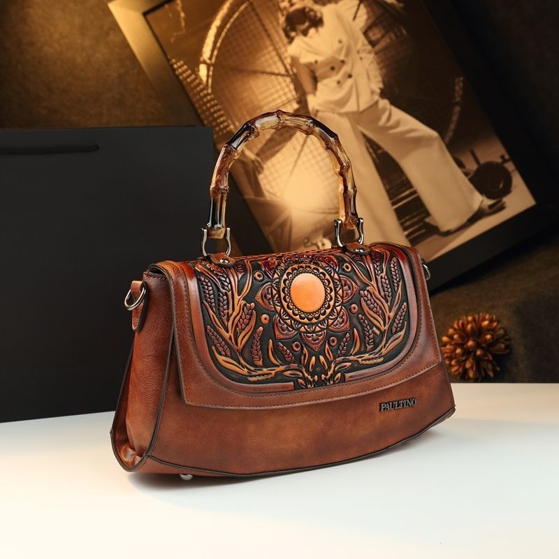 Túi xách tay nữ da thật phong cách retro sang trọng, sức chứa lớn, quai tre dân tộc — màu nâu, Màu xanh đậm, màu đỏ, màu xám