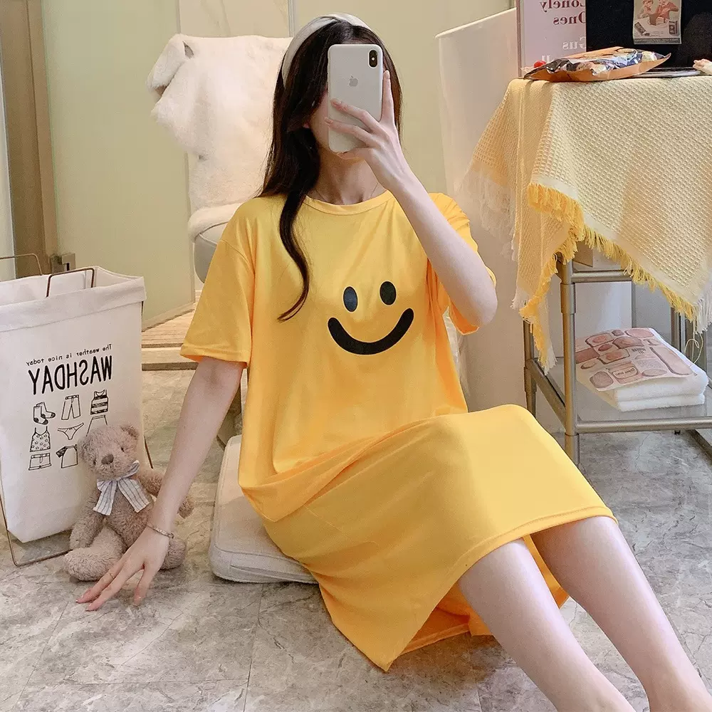 短袖夏季新款睡裙睡衣卡通可爱笑脸睡裙宽松家居服