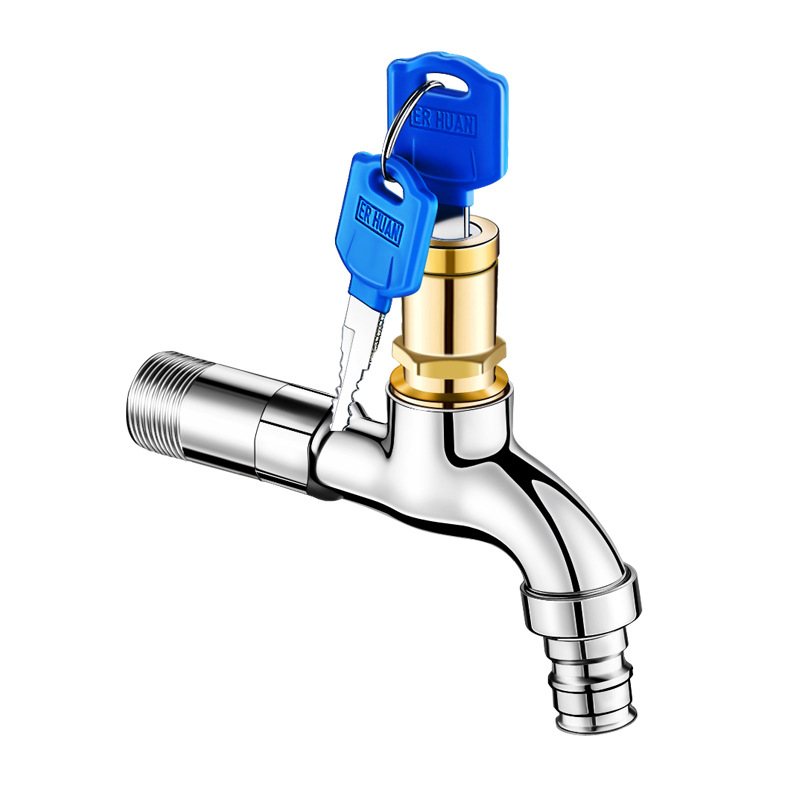 Llave de agua antirrobo de 4 puntos de cobre fino al aire libre con llave de bloqueo, interruptor de agua del grifo exterior de la lavadora de apertura rápida
