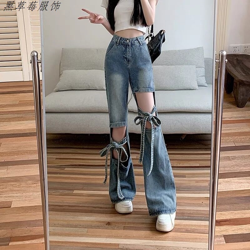Bow-Knot Hollow Ripped Wide-Leg Washed Jeans for Women Plus Size Niche Sexy Strappy Slimming Drape Floor-Length Pants
