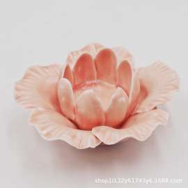 色釉纯手工仿真陶瓷桔红色莲花烛台纯手工陶瓷莲花烛台