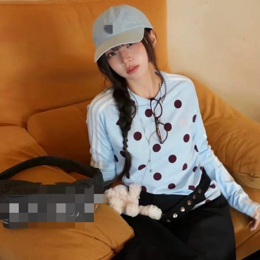 Summer Women's Sporty Casual Trendy Retro Polka Dot Slim Fit Short Sleeve T-shirt Round Neck Long Sleeve Fashion Slim Fit