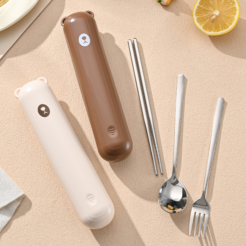 304 ステンレス鋼ポータブル食器セットクリエイティブ円筒ポータブルボックススプーンフォーク箸学生ランチ食器キャンプ|undefined